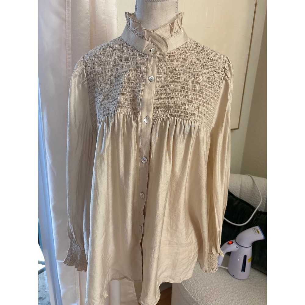 POMANDER‎ PLACE Champagne Jaia Long Sleeve Smocked Blouse Size Extra Large - Picture 2 of 9